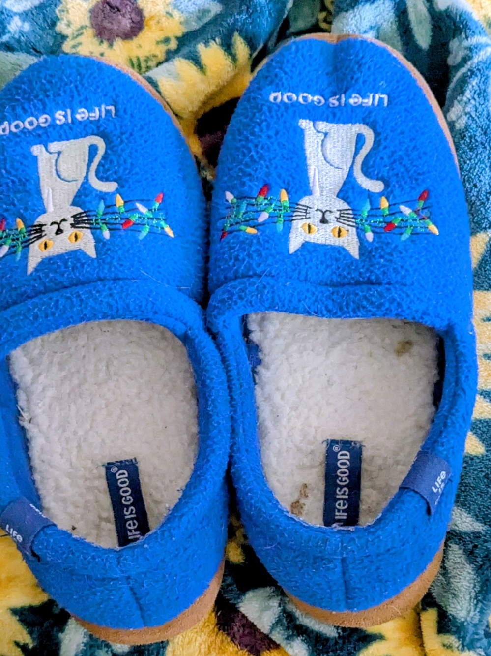 Life Is Good Women's Size 8 Bright Blue Cat Light-String Footie Slippers
